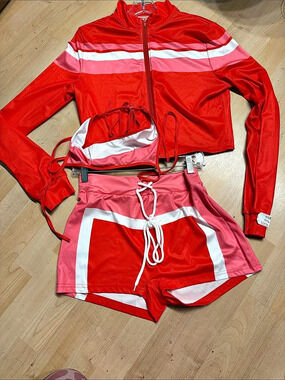Color Block Jacket Set in Red & Pink
